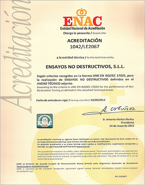 Certificado ENAC. Acredticin 1042/LE2067